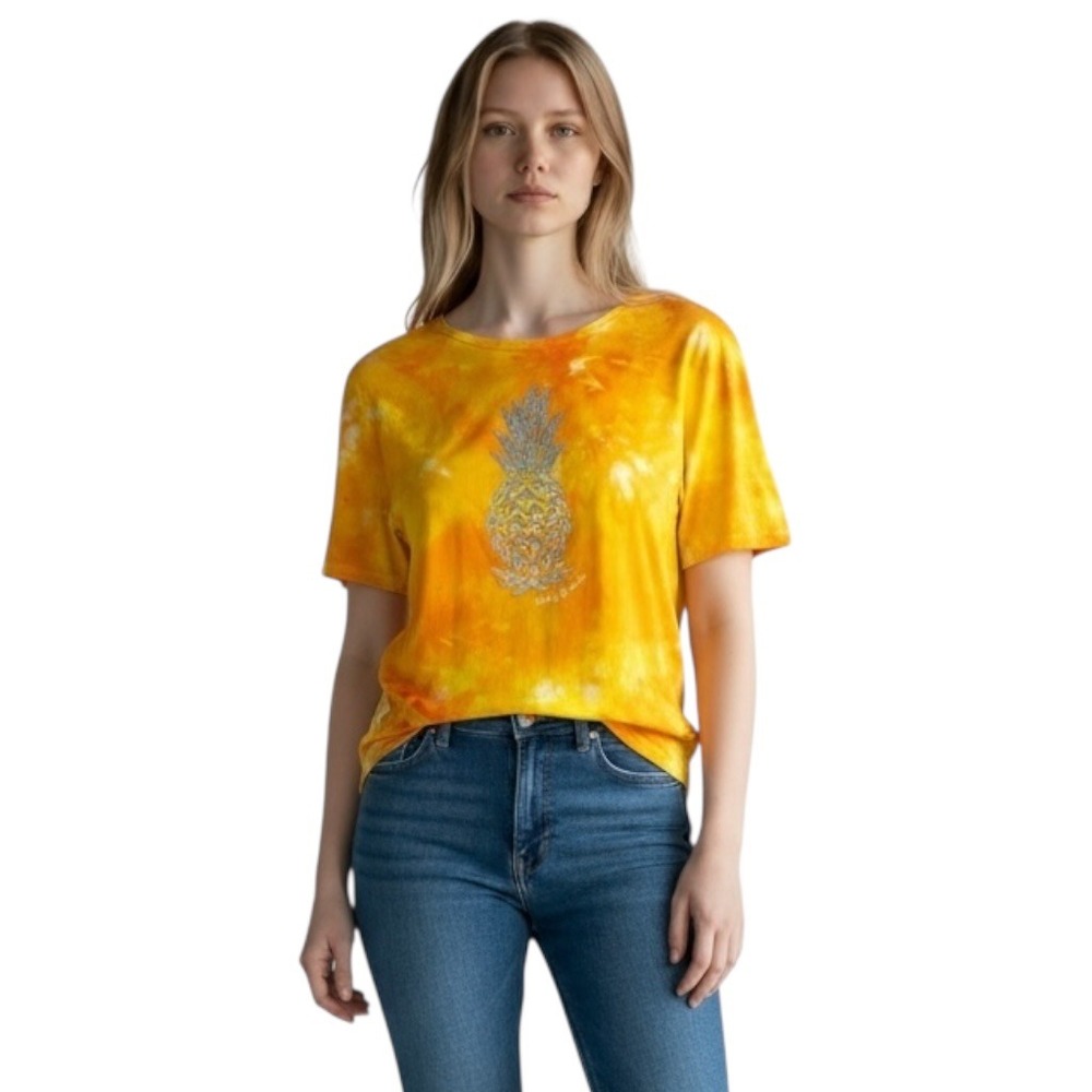 Tommy Bahama Small Top Orange Yellow Handmade Tie Dye‎ Pineapple Sequins 1544